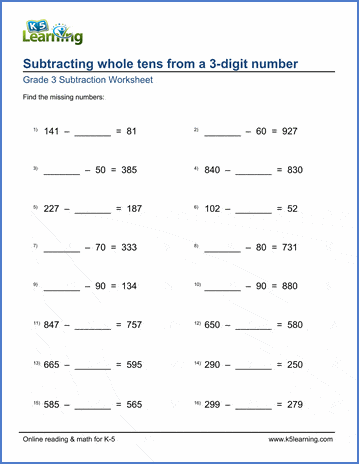 subtract whole tens from 3 digit numbers with missing values k5 learning