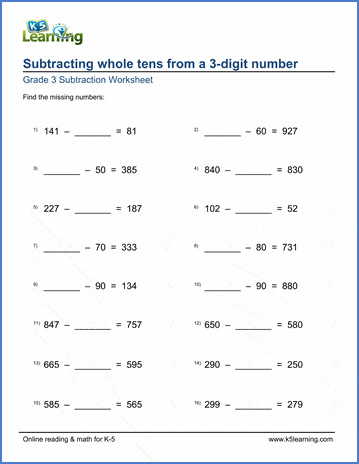 Subtract whole tens from 3-digit numbers with missing values | K5 Learning