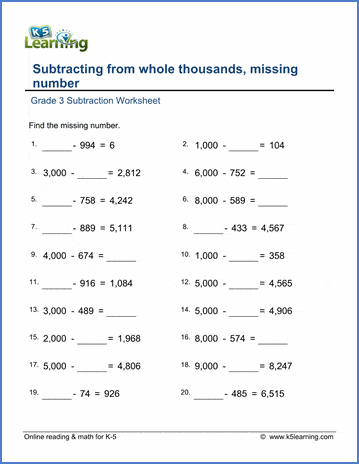 grade 3 math worksheet subtract from whole thousands