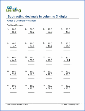 grade 3 worksheet subtracting decimals from whole numbers