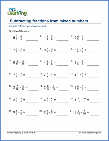 Grade 3 Math Worksheets: Subtract fractions from mixed numbers | K5 ...