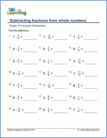 Grade 3 Math Worksheets: Subtracting fractions from whole numbers | K5