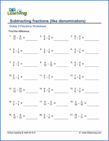 Grade 3 Math Worksheet: Subtracting fractions with like denominators