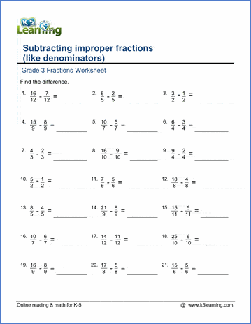 subtracting improper fractions with like denominators