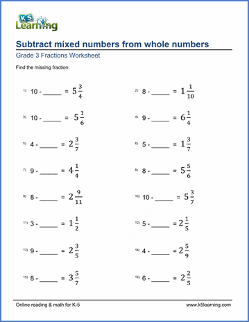 Grade 3 Math Worksheets: Subtract Mixed Numbers From Whole Numbers | K5 Learning