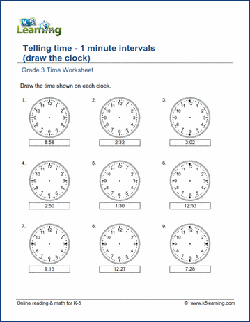 Grade 3 Telling Time Worksheet : Draw The Clock - 1 Minute Intervals | K5 Learning