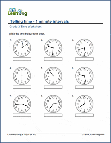 Grade 3 Telling Time Worksheet : Read the Clock - 1 minute intervals