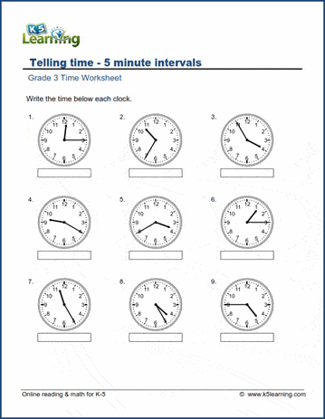Grade 3 Telling Time Worksheet : Read the Clock - 5 minute intervals