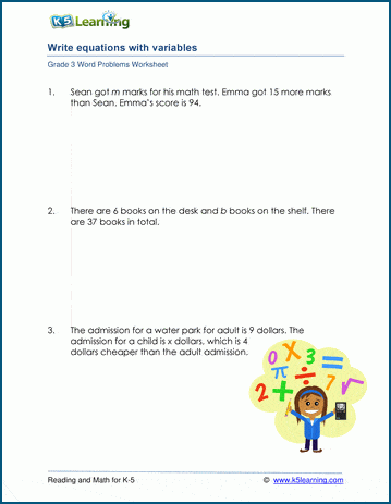 grade 3 word problems with equations and variables k5 learning