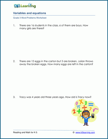 Grade 3 Word Problem Worksheet on writing variables