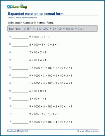 grade 3 place value worksheet write 4 digit numbers in normal form k5 learning