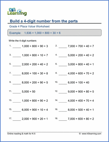 grade 4 place value worksheets build a 4 digit number from the parts k5 learning