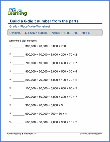 grade 4 place value worksheets build a 6 digit number from the parts