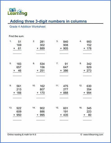 grade 4 math worksheet addition adding three 3 digit