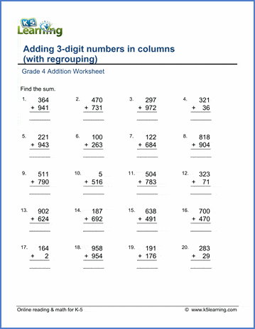 grade 4 math worksheet addition adding 3 digit numbers k5 learning