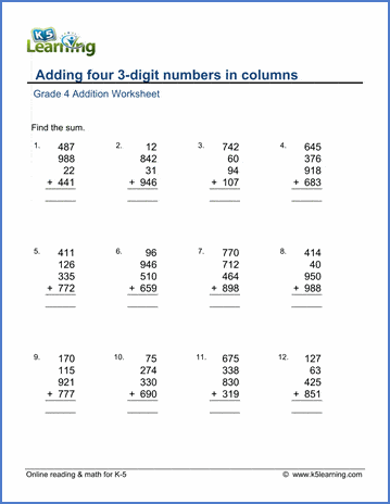 grade 4 math worksheet addition adding four 3 digit