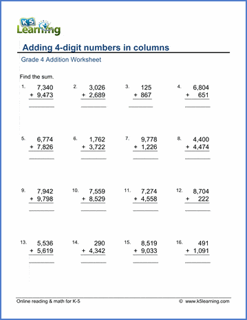 grade 4 math worksheet addition adding 4 digit numbers in columns k5 learning