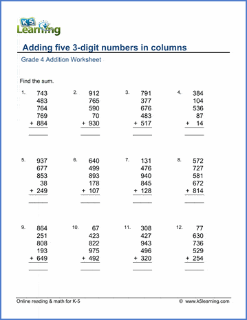 Grade 4 Math Worksheet Addition Adding Five 3 Digit Numbers K5 Learning