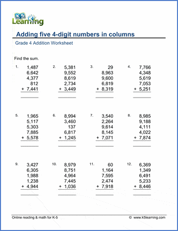 Grade 4 math worksheet - Addition: adding five 4-digit numbers | K5