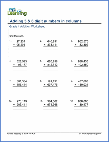 grade 4 math worksheet addition adding 5 and 6 digit numbers k5 learning