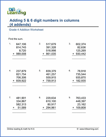 kindergarten maths for free with additions worksheets Grade 6 digit 5 Adding 4 Addition and Worksheets: four