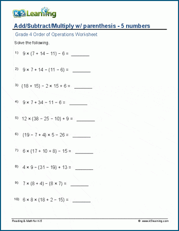 table multiplication worksheet excel of Grade add/subtract Operations Order 4 Worksheets: