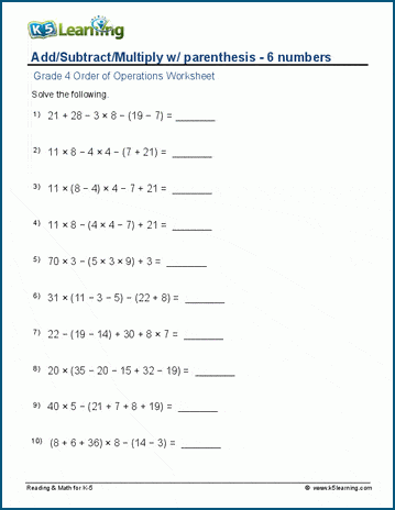 Grade 4 Order of Operations Worksheet: add/subtract/multiply (6 #s