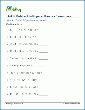 Grade 4 Order Of Operations Worksheets: Add/Subtract (6 Terms) | K5 Learning