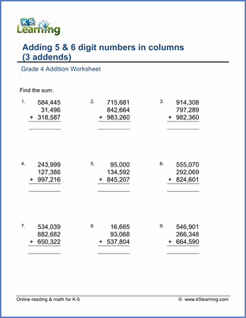 worksheets math 1 learning for k5 grade Addition Worksheets: 5 6 and digit three 4 Grade Adding