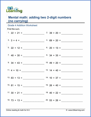 grade 4 addition worksheet adding 2 2 digit numbers no regrouping