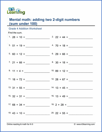 Grade 4 Addition Worksheets: Adding 2 2-digit numbers (sum under 100