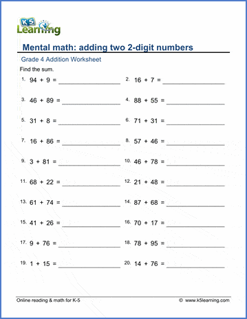 Adding two 2-digit numbers (sum under 100) worksheets