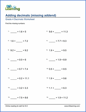 grade 4 decimals worksheets adding 1 digit decimals