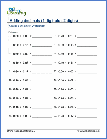 Grade 4 Decimals Worksheets Adding 1 And 2 Digit Decimal Numbers K5 Learning