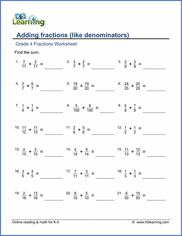 Grade 4 math worksheet - Fractions: adding fractions (like denominators ...