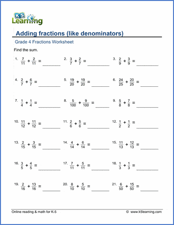 Grade 4 Math Worksheet Adding Fractions Like Denominators K5 Learning