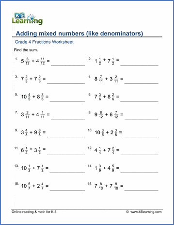 Adding mixed numbers with like denominators worksheet