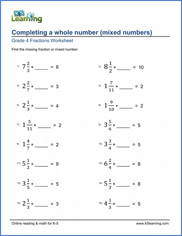 grade 4 fraction worksheets completing whole numbers mixed numbers k5 learning