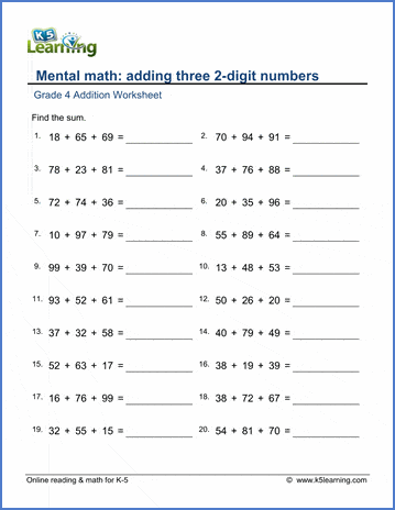 grade 4 math worksheet addition adding three 2 digit numbers k5