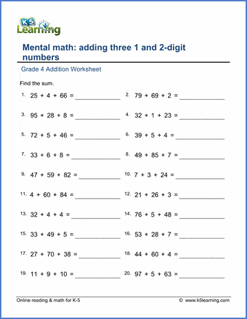 grade 4 math worksheet addition adding three 1 and 2 digit numbers k5 learning