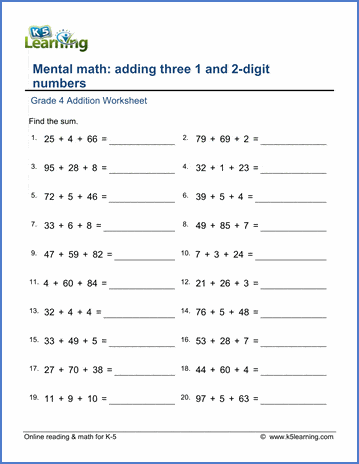 grade 4 math worksheet addition adding three 1 and 2 digit numbers