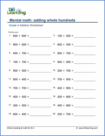 Grade 3 Addition Worksheet adding whole hundreds