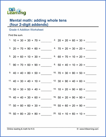 grade 4 addition worksheets adding whole tens four 2 digit numbers k5 learning