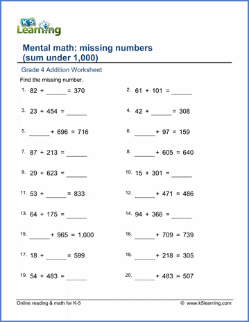 grade 4 math worksheet addition with missing addend