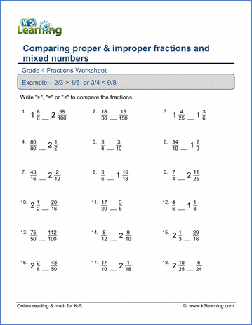 grade 4 math worksheet comparing fractions and mixed numbers k5 learning