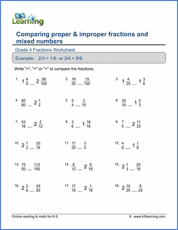 Grade 4 Math Worksheet Comparing Fractions And Mixed Numbers K5 Learning