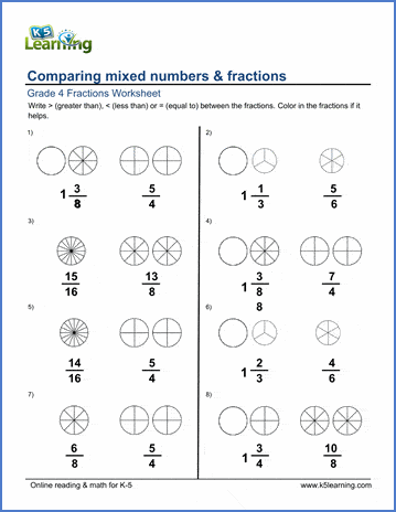 grade 4 math worksheets comparing mixed numbers fractions k5 learning