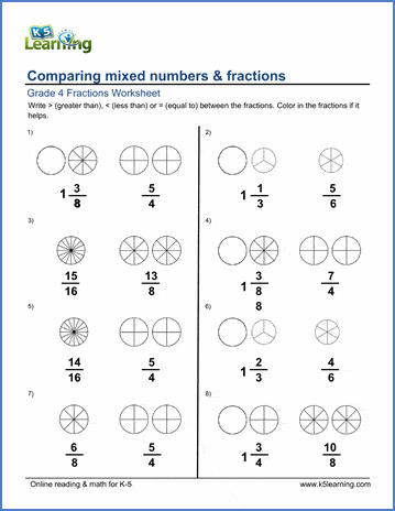 Grade 4 Math Worksheets: Comparing mixed numbers & fractions | K5 Learning