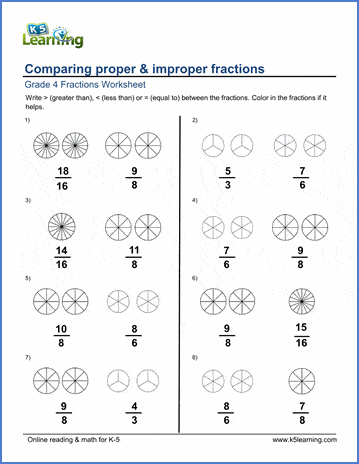 Grade 4 Math Worksheets: Comparing proper and improper fractions | K5