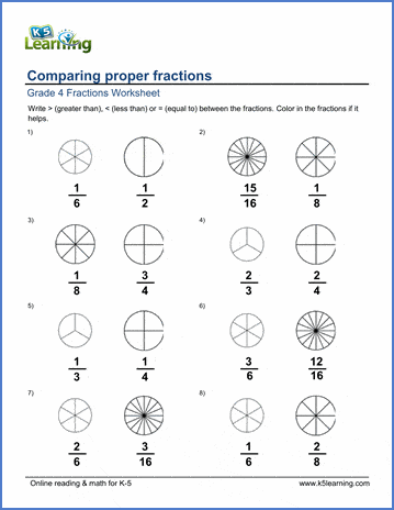 Grade 4 Math Worksheets: Comparing proper fractions | K5 Learning